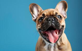 French bulldog dog that has opened its mouth and sticks out its tongue photo