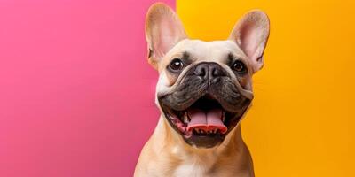 French bulldog dog that has opened its mouth and sticks out its tongue photo