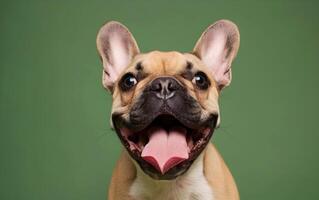 French bulldog dog that has opened its mouth and sticks out its tongue photo