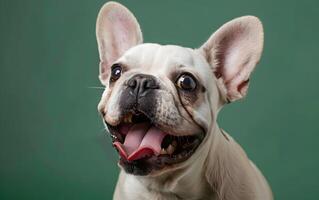 French bulldog dog that has opened its mouth and sticks out its tongue photo