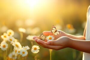 Person holding two butterflies in daisy field, surrounded by flowers and grass photo