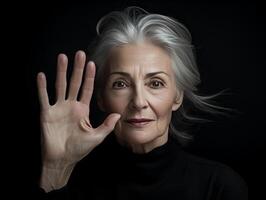 A woman with gray hair holds her hand straight in protest photo