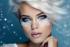 A woman with white hair and blue eyes is wearing snowflakes on her skin photo