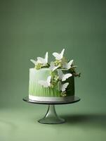 Green cake adorned with white butterflies and flowers on a glass cake stand photo