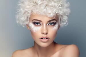 Woman with curly white wig, feathered eyebrows, lashes, and chin makeover photo