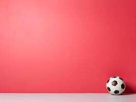 A soccer ball rests on a table against a magenta wall photo