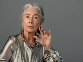 A woman with gray hair wears silver shirt and earrings photo