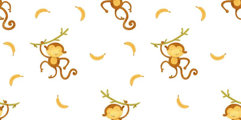 Baby monkey hanging on liana. Childish background of African jungle animal. Print with macaque, bananas. Watercolor seamless pattern for design kid's goods, cards, postcards, fabric, scrapbook