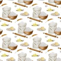 Baking ingredients. Watercolor hand drawn seamless pattern. Background of rolling pin, Flour, butter, vanilla and eggs. Print for design of labels, packaging of goods, cards, for bakehouse, bakeshop. vector