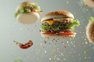 Several burgers levitating on a gray background with flying scattered ingredients photo