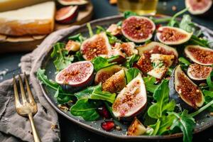 ensalada con higos, Rúcula, aceituna petróleo en un negro plato y negro antecedentes foto