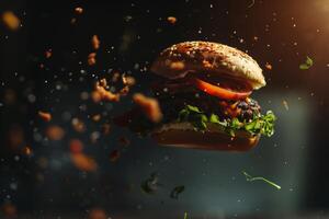 The burger levitates on a black background with scattered fried onions. Fast food photo