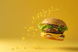 Cheeseburger flies on a yellow background with corn flying nearby photo