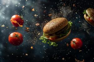 Small meat burger levitating on black background with tomato. Like space with planets photo