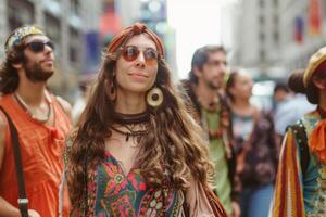 The woman is dressed in hippie style. America of the 60s. On the background there is a big city street and people photo