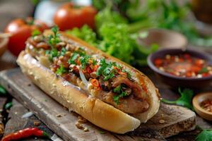 Hot dog with meat, sausage, pepper and cilantro. Macro photo with ingredients in the background. Fast food