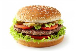 Fresh tasty classic hamburger stock photo, isolated in white photo