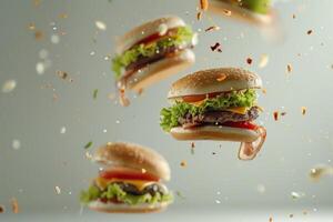 Cheeseburgers flying on a gray background with flying ingredients photo