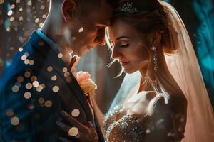 Wedding of a man and a woman. They hug and pose for a photo. Warm colors, bright reflections of light on a dark background. Mysterious atmosphere photo