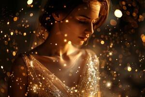 Beautiful brunette bride girl in a wedding dress with sequins. Mysterious atmosphere photo