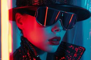 Portrait of a woman wearing black glasses, with contrasting neon lighting in red and blue. Fashion industry photo