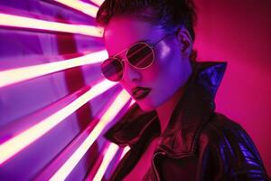 A woman in a black leather jacket and sunglasses poses for a photo with creative neon pink lighting. Fashion industry 80s style