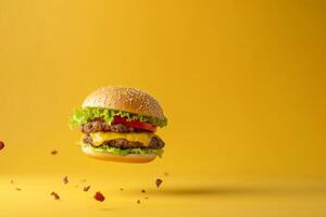 A cheeseburger flies on a yellow background with pieces of fried onion flying nearby photo