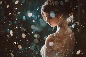 Beautiful brunette bride girl in a wedding dress with sequins. Mysterious atmosphere photo