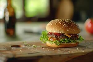 Cheese burger on a wooden board against the backdrop of a cafe establishment photo