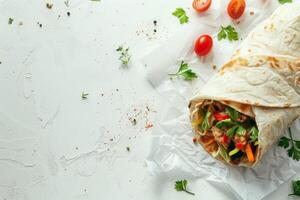 Meat shawarma on a white background. Empty space photo