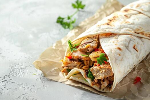 tradicional mexicano alimento, burritos shawarma en Agave un pan con carne y vegetales y cilantro foto