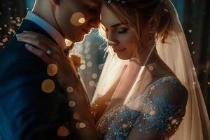 Wedding of a man and a woman. They hug and pose for a photo. Warm colors, bright reflections of light on a dark background. Mysterious atmosphere photo