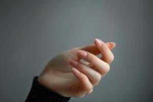 Female hand with manicure in nude style. On a gray background photo