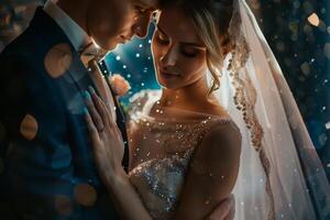 Boda de un hombre y un mujer. ellos abrazo y actitud para un foto. calentar colores, brillante reflexiones de ligero en un oscuro antecedentes. misterioso atmósfera foto