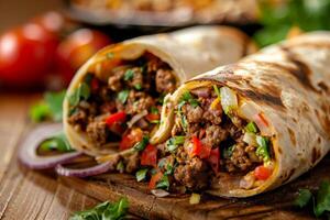 Shawarma with chicken, cheese, tomatoes and onion on a wooden plate and wooden and ingredients on background photo