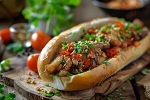 Delicious sandwich with meat, tomatoes, peppers, cilantro greens on a wooden board on a background with ingredients photo