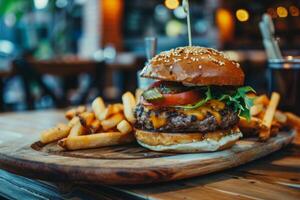 sabroso arte carne de vaca hamburguesa en un borroso restaurante antecedentes con papas fritas hamburguesa con queso con cebollas, rebanada tomate, lechuga, tocino, pepinillo y patata francés papas fritas foto