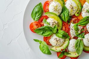 Salad with tomatoes, mozzarella, basil and allspice spices. Top view photo
