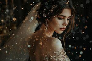 Beautiful brunette bride girl in a wedding dress with sequins. Mysterious atmosphere photo