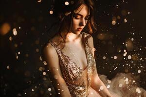 Beautiful brunette bride girl in a wedding dress with sequins. Mysterious atmosphere photo