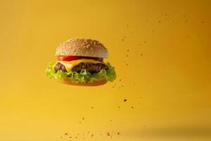 A cheeseburger flies on a yellow background with pieces of fried onion flying nearby photo