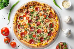 Pepperoni pizza with olives, cheese, green onions with ingredients on a white background. Top view photo