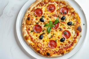 pepperoni Pizza con Olivos, queso, verde cebollas con ingredientes en un blanco antecedentes. parte superior ver foto