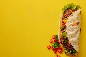 Large meat tortilla on a yellow background. Copy space photo