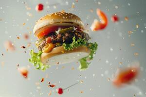 Cheeseburger flying on a gray background with flying ingredients photo