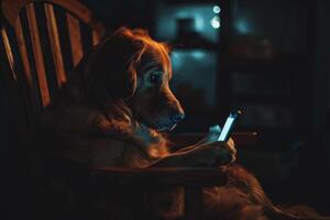 un dorado perdiguero se sienta en un silla y mira a el teléfono. lee el noticias, relojes social redes en un oscuro habitación foto