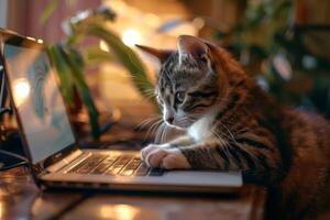 A domestic cat sits at a desk using a laptop in light room. Work, social networks, entertainment. Distant work photo