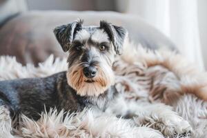 The miniature schnauzer lies on a fluffy soft blanket and looks into the frame. The dog is resting in a bright cozy bedroom photo