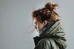 Profile of a girl with brown hair wearing a green winter jacket. Gray empty background photo