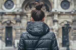 Only one woman with a bun in a black winter jacket against the backdrop of a city building in an antique style. Back view photo